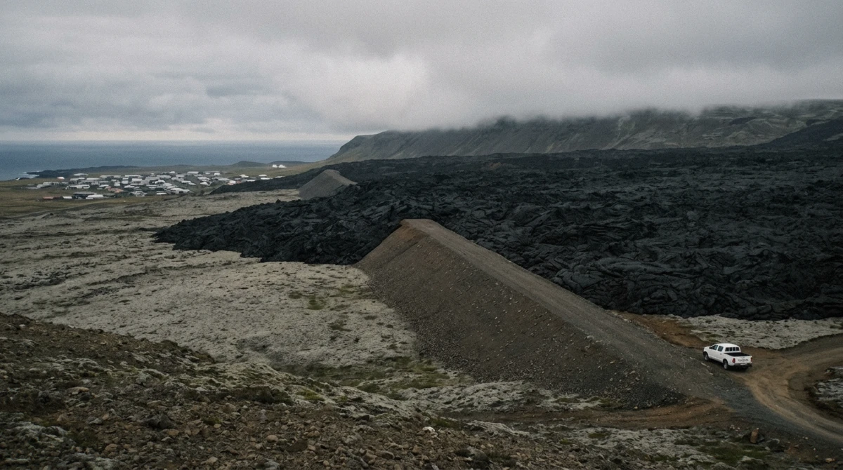 Earth barrier built above Grindavik to hold back lava, a stop on the Fagradalsfjall volcano tour of the Reykjanes Peninsula, Iceland