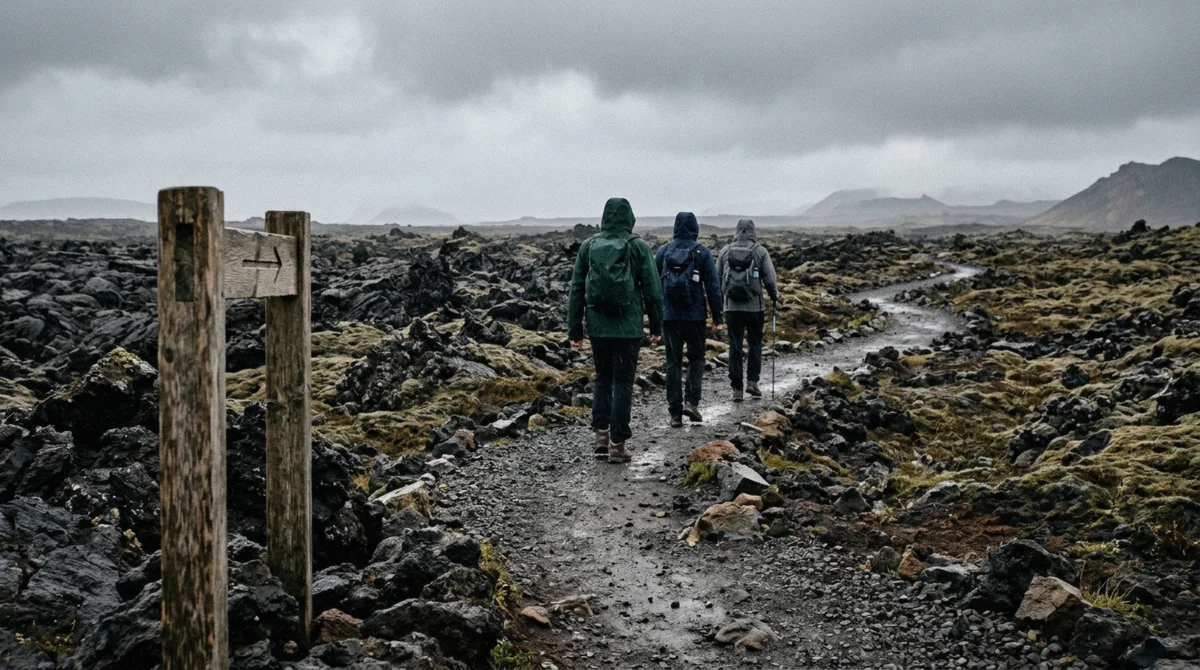 Hikers in waterproof layers crossing uneven black lava on a marked trail during a Fagradalsfjall volcano tour, Reykjanes Peninsula, Iceland