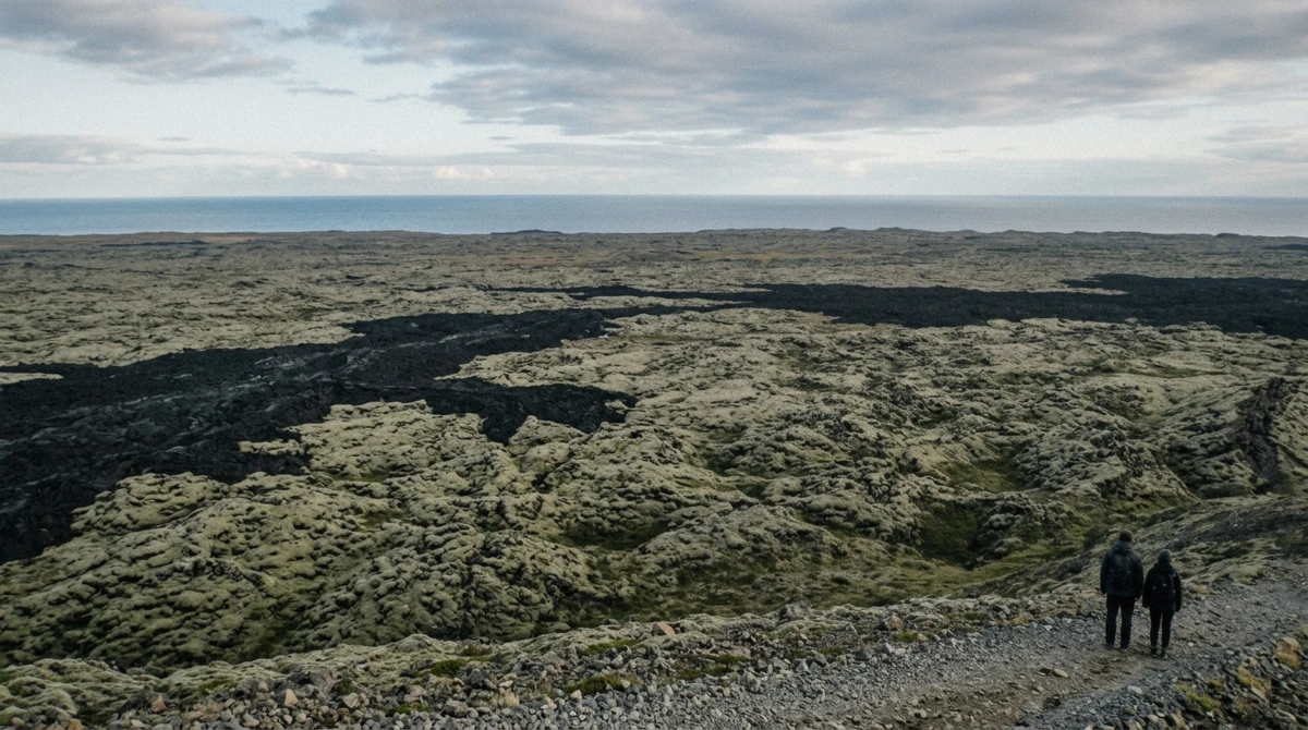 Hikers looking out over three generations of black lava from the Langihryggur ridge on a Fagradalsfjall volcano tour, Reykjanes Peninsula, Iceland