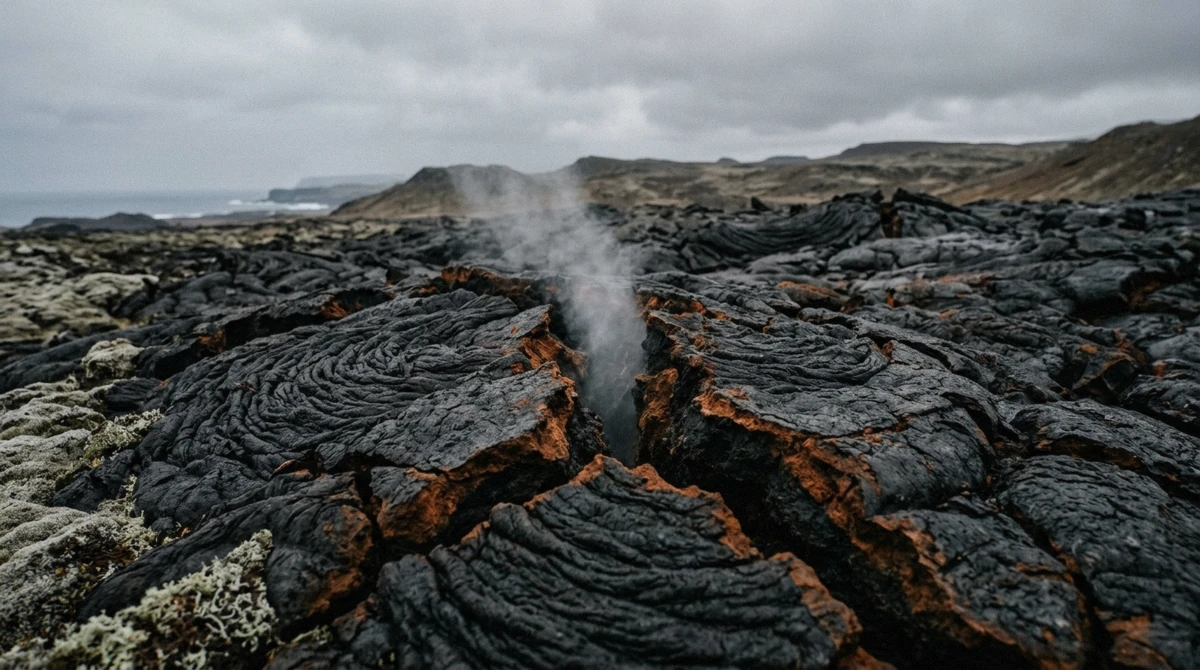 Steam rising from a crack in the black lava crust on a Fagradalsfjall volcano tour, Reykjanes Peninsula, Iceland